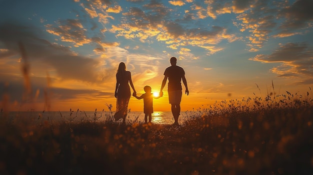 Famiglia che cammina lungo l'acqua al tramonto