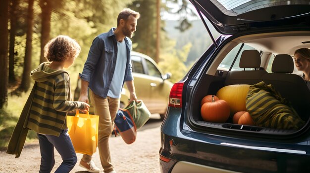 Famiglia che carica l'auto con bagagli e altre attrezzature nel viale fuori casa