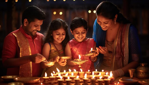 Famiglia che celebra Diwali la festa della luce e del divertimento