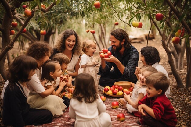 Famiglia che fa un picnic sotto un albero di mele