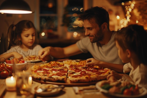 Famiglia che fa una serata di pizza DIY con vari toppi