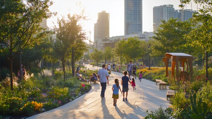 Famiglia che gode di un vivace parco urbano con lussureggiante verde e architettura moderna