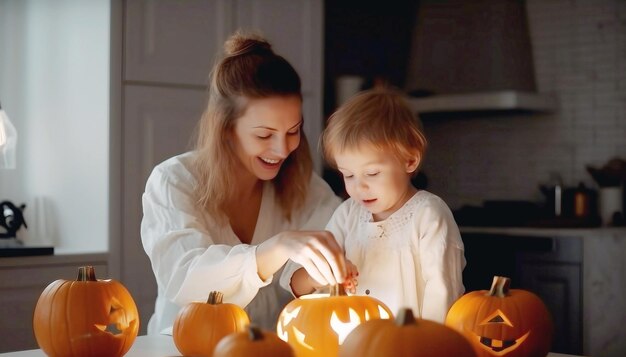 Famiglia che intaglia una zucca di Halloween in cucina generata dall'intelligenza artificiale