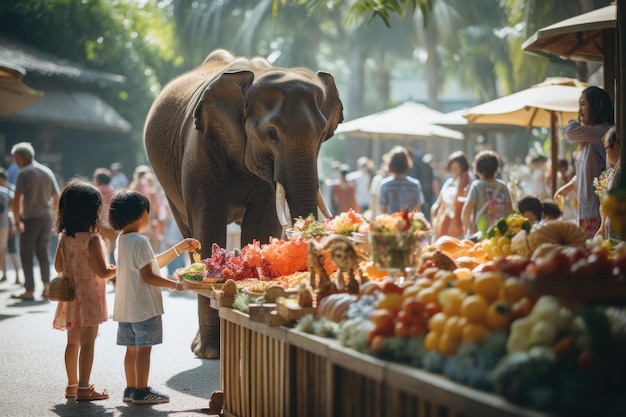 Famiglia che nutre un elefante nello zoo I bambini nutrono asiatici