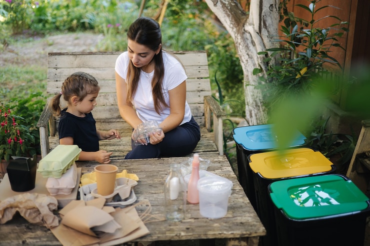 Famiglia che ordina i rifiuti a casa sul concetto di cortile di riciclaggio all'aperto mamma e figlia che si prendono cura