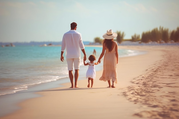 Famiglia che passeggia sulla spiaggia IA generativa