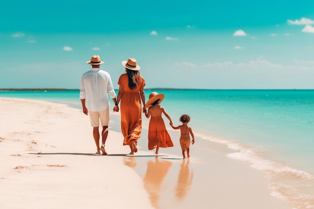 Famiglia che passeggia sulla spiaggia IA generativa