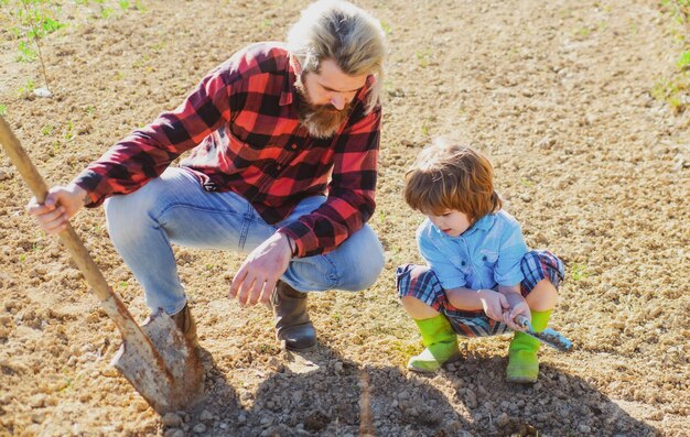 Famiglia che pianta un albero Figlio che aiuta padre Papà e bambino a fare giardinaggio nel terreno del giardino Pianta in crescita