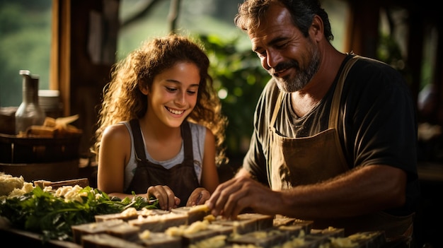 Famiglia Che Prepara Formaggio Fatto In Casa Su Un Tradizionale