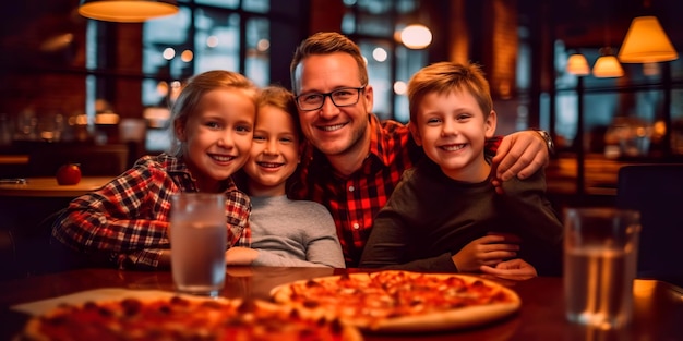 Famiglia che ride e abbraccia mentre cena insieme