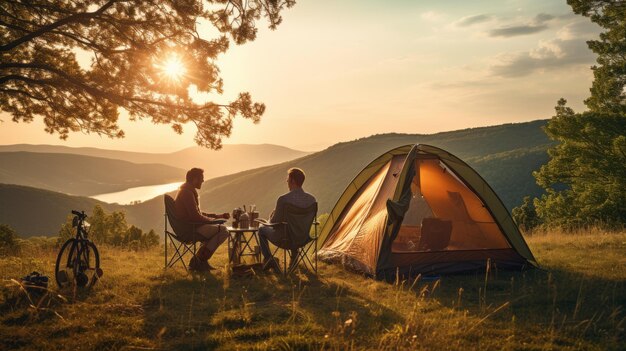 Famiglia che si diverte a fare un picnic al tramonto Una bella illustrazione Generativa AI