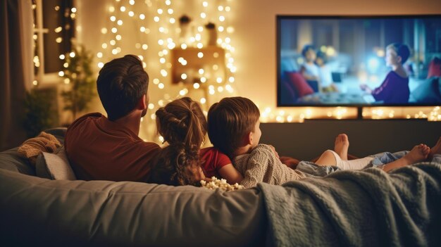 Famiglia che si diverte a guardare la TV in una stanza scarsamente illuminata AIG41