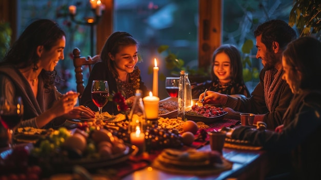 Famiglia che si diverte in una festiva cena del Seder di Pasqua a lume di candela con risate e gioia