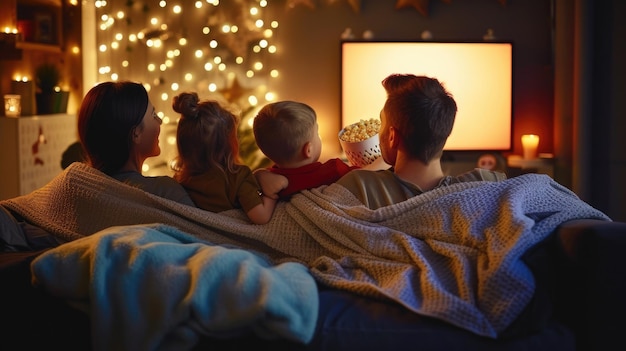 Famiglia che si diverte in una stanza buia su un divano di legno per l'evento televisivo AIG41