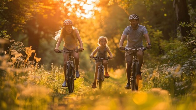 Famiglia che si gode di una piacevole passeggiata in bicicletta madre padre figlia in armonia vibrante parco estivo AI Generative