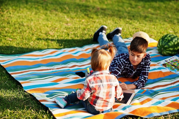 Famiglia che trascorre del tempo insieme. Fratello con la sorella che dipinge all'aperto in una coperta da picnic.