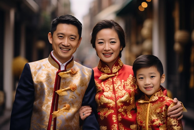 Famiglia cinese in eleganti abiti tradizionali per celebrare il Capodanno cinese