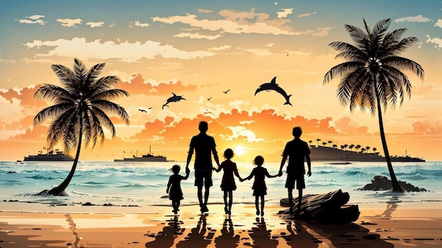 Famiglia cinque silhouette sulla spiaggia al tramonto con palme e delfini che saltano da Generative AI