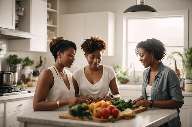 Famiglia composta da due donne che cucinano con la figlia