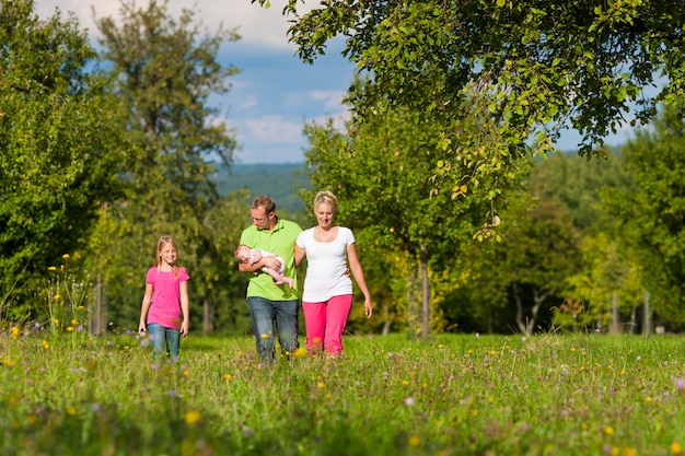 Famiglia con bambini che camminano