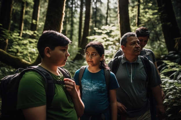 Famiglia con bambini in escursione attraverso la foresta generativa ai