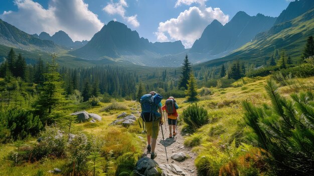 Famiglia con bambini piccoli in escursione all'aperto in estate in natura negli Alti Tatra