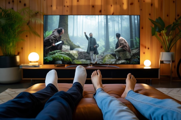 Famiglia con i piedi su un ottomano che guarda un thriller su una TV a schermo largo