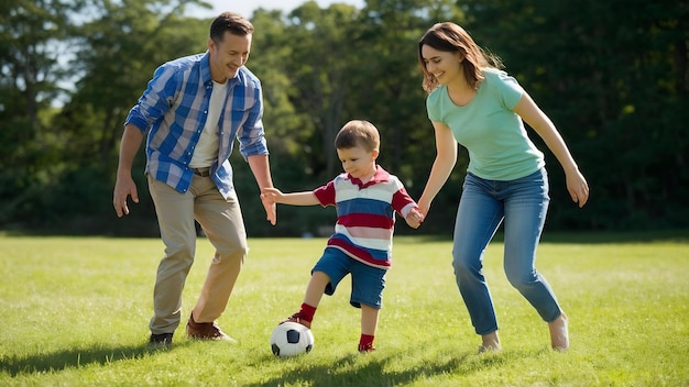 Famiglia con il figlio piccolo che gioca a calcio