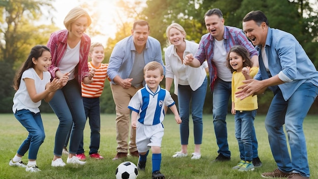 Famiglia con il figlio piccolo che gioca a calcio