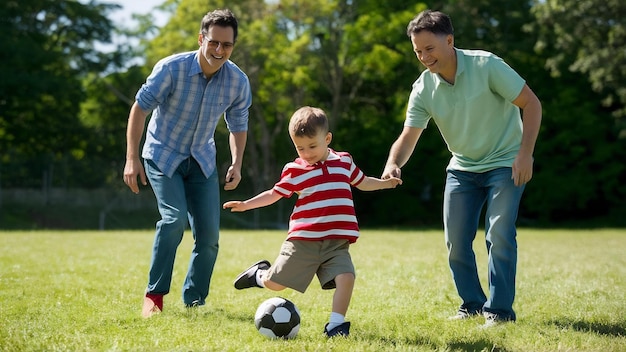 Famiglia con il figlio piccolo che gioca a calcio