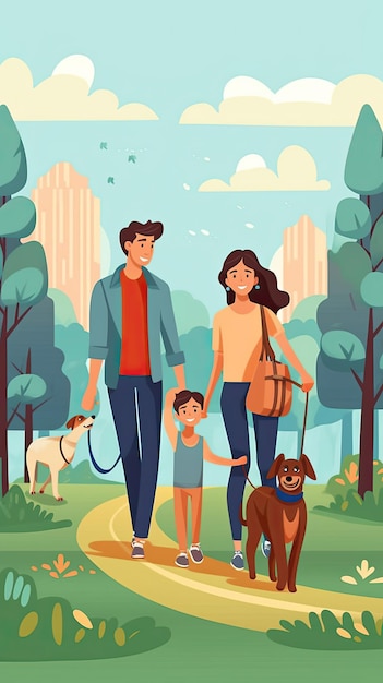 famiglia con l'illustrazione del cane