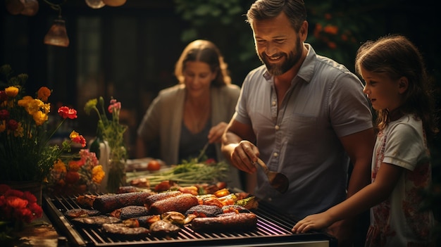 Famiglia con un barbecue in giardino