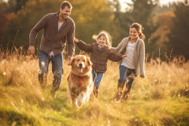 Famiglia con un cane in un campo