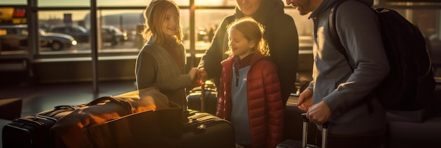 famiglia con valigie bagaglio nel moderno terminal dell'aeroporto che si trasferisce sorridendo di viaggio