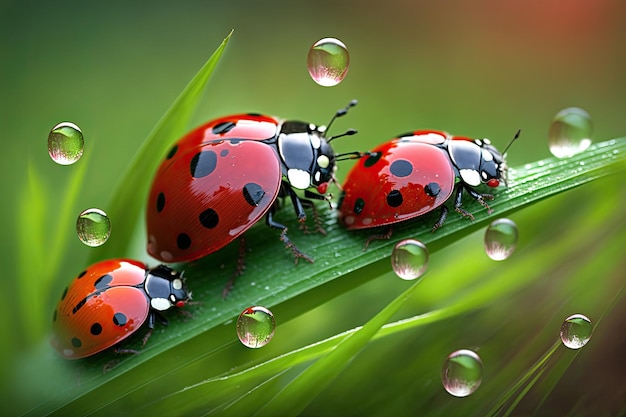 Famiglia di coccinelle su erba umida bassa profondità di campo e da vicino