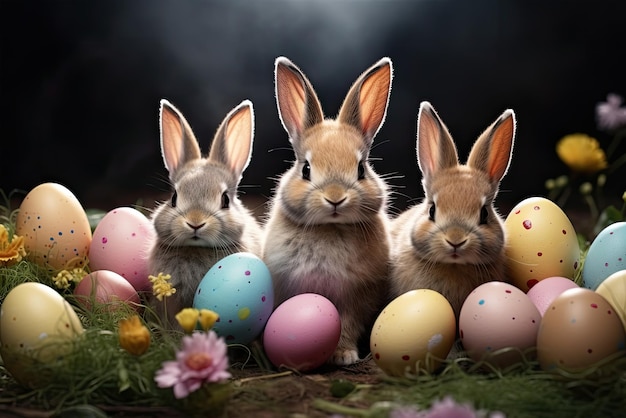 Famiglia di conigli bianchi carini e uova di Pasqua colorate sull'erba verde Generative ai