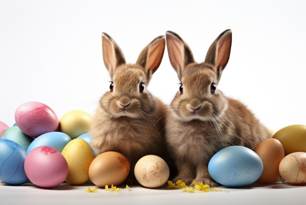 Famiglia di conigli bianchi e uova di Pasqua colorate su uno sfondo bianco isolato