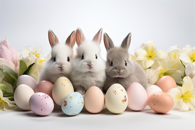 Famiglia di conigli bianchi e uova di Pasqua colorate su uno sfondo bianco isolato