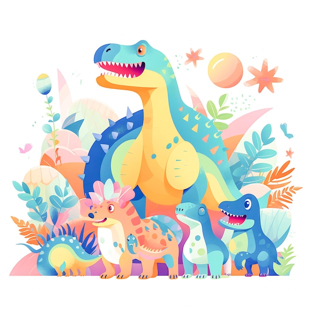 Famiglia di dinosauri divertenti e carini, uova di dinosauri piccoli e illustrazione vettoriale delle impronte