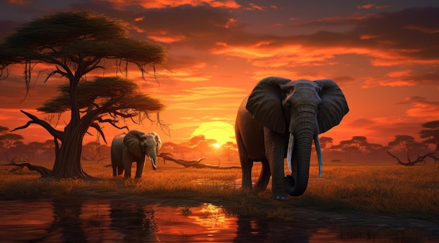 Famiglia di elefanti che camminano attraverso la savana al tramonto Fantastica fauna selvatica africana AI generativa