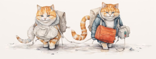Famiglia di gatti carini che viaggiano con i bagagli Gattini in acquerello con le valigie Generata dall'IA