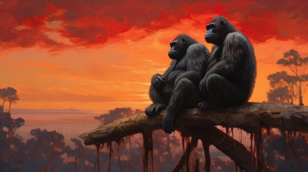 famiglia di gorilla al tramonto ammirando la vista della giungla