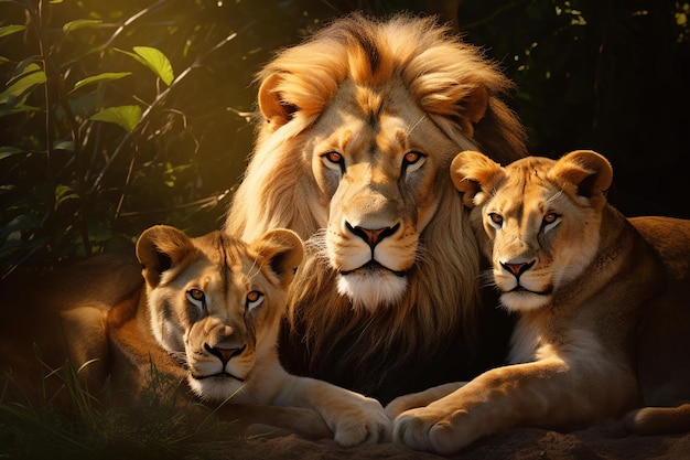 Famiglia di leoni che riposa sull'erba IA generativa