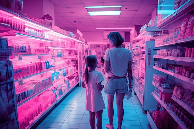 Famiglia di madre e figlia alla moda negli anni '80, negozio di onde sintetiche, gente al supermercato.