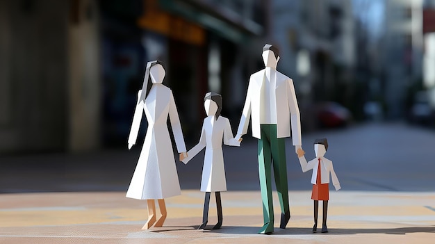 Famiglia di origami che cammina per strada