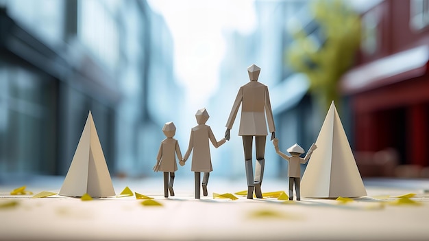 Famiglia di origami che cammina per strada