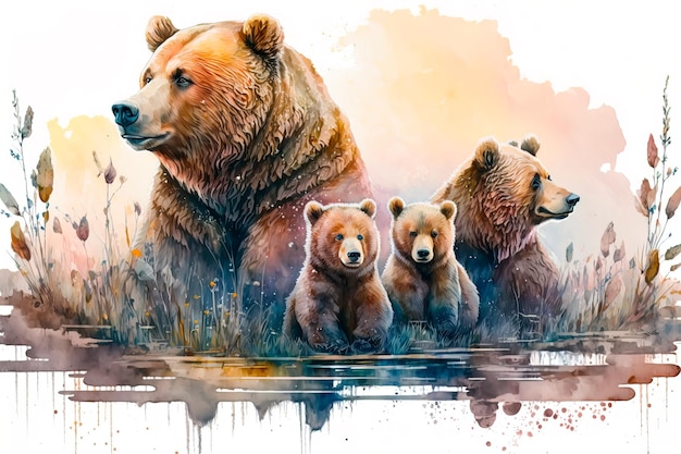 Famiglia di orsi che cammina nella foresta IA generativa