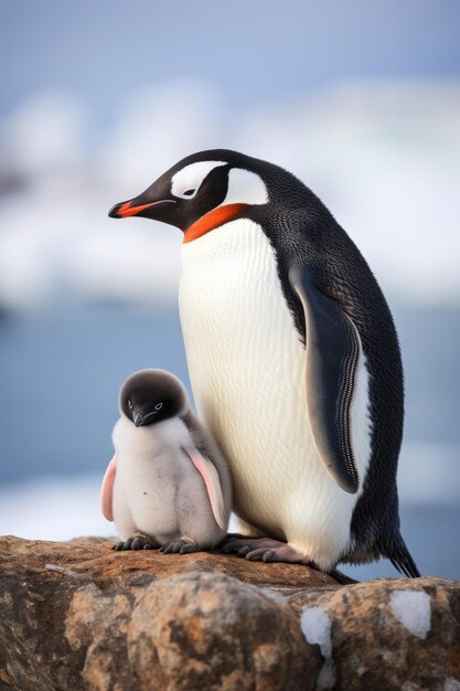 Famiglia di pinguini nella regione antartica, uccelli marini selvatici