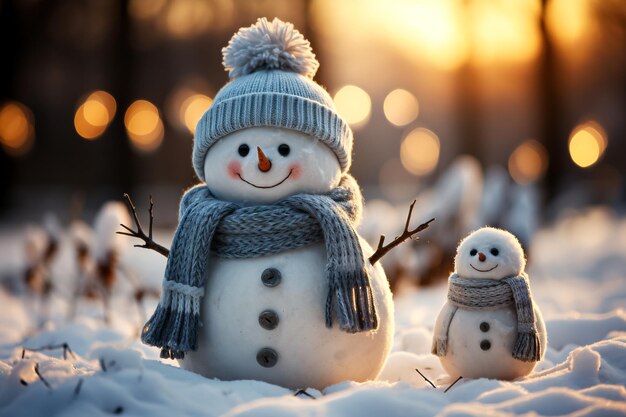 Famiglia di pupazzi di neve nella foresta invernale al tramonto concetto di Natale e Capodanno