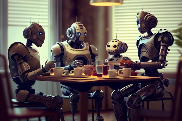 Famiglia di robot che cena a casa Futuristica famiglia di robot umanoidi a pranzo